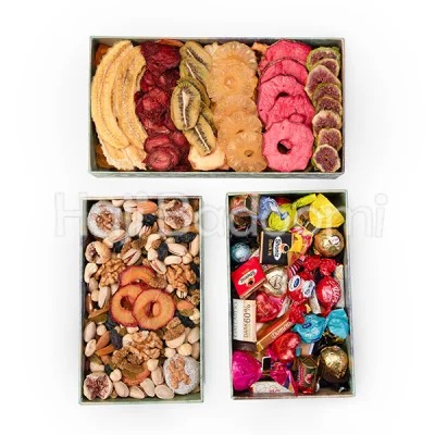 ست سهگانه باکس آجیل و میوه خشک و شکلات ایرانی طرح ترنج 2400 گرمی