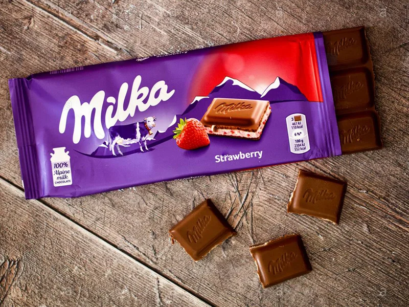 نمایی از شکلات تخته ای میلکا توت فرنگی
