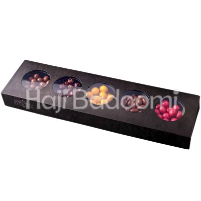 مجموعه دراژه شکلاتی میکس شکلاتی محمد ساعدی نیا سفید انبه و توت فرنگی و کشمش سبز و بیسکوییت و فندق 330 گرمی