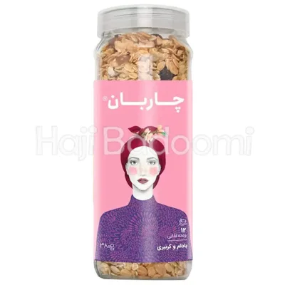 موسلی بادام و کرنبری شیشه‌ای چاربان 380 گرم
