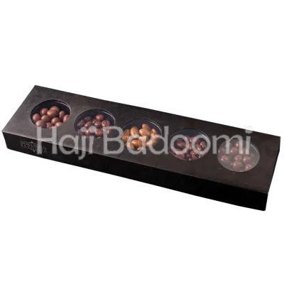 مجموعه دراژه میکس محمد ساعدی نیا شکلاتی سفید با بادام و موکا و کشمش سبز و فندق و قهوه و با گردو 330 گرمی